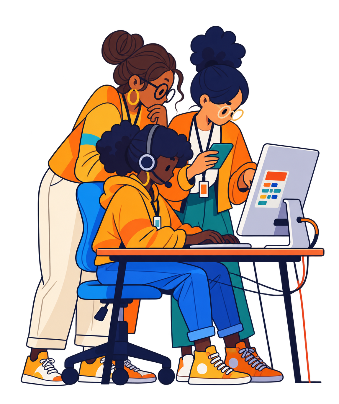 Three customer operations specialists collaborating around a support workstation